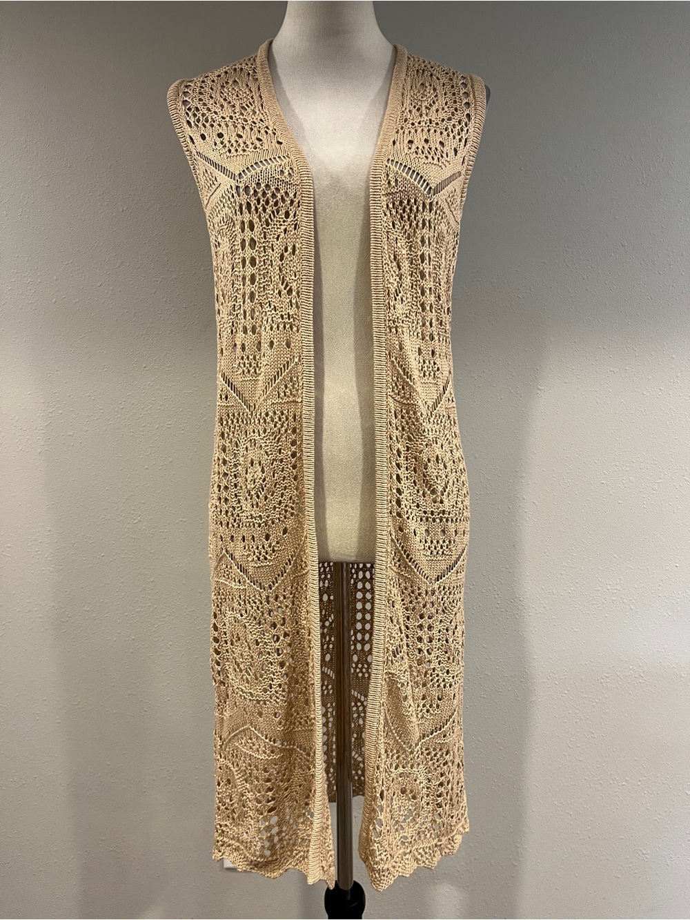 Crocheted‎ Open Front Long Duster Vest in Beige
